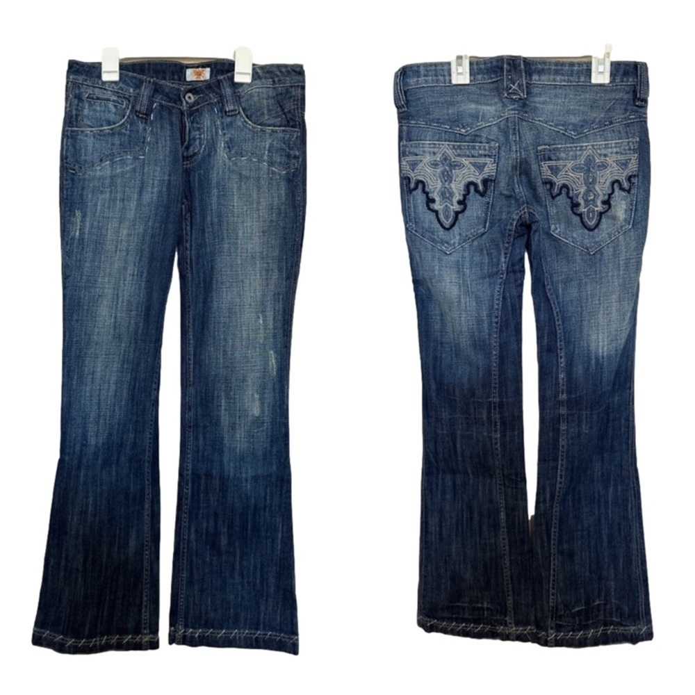 Antik Denim Stitched Embroidered Womens Medium Wash Bootcut Flare Denim Jeans